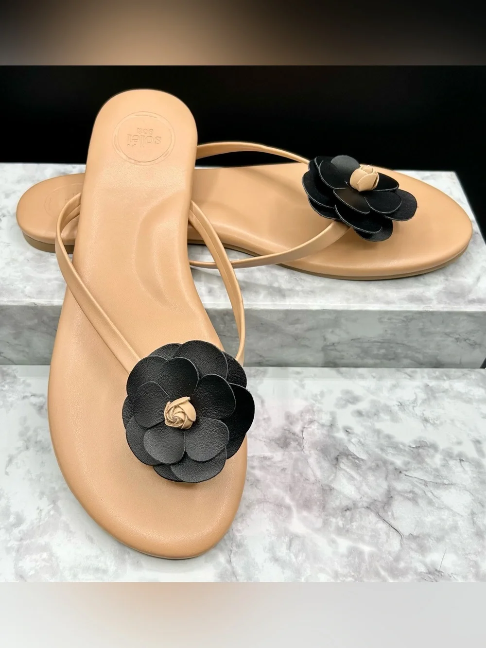 SOLEI SEA Valentina Flower Sandals in The Tan and Black. US size 11. EU size 42